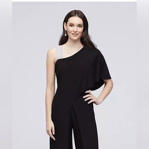 One-Shoulder Jersey Jumpsuit/Overskirt Size 12P Black Dress/ Embellished Strap